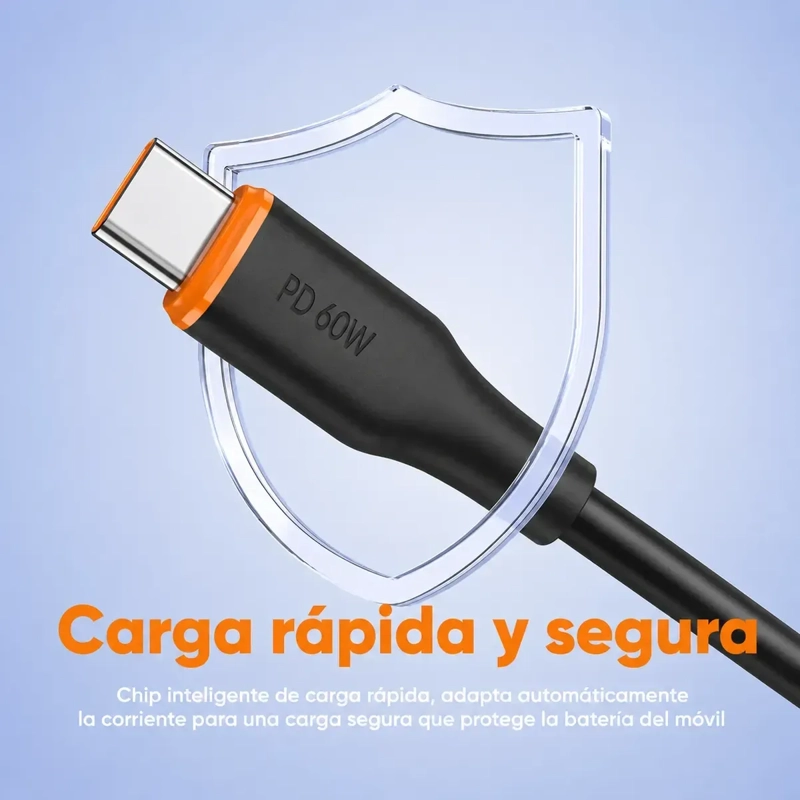 CABLE USB C NEGRO 1 METRO 60W CARGA RAPIDA COMPATIBLE CON SAMSUNG - 6