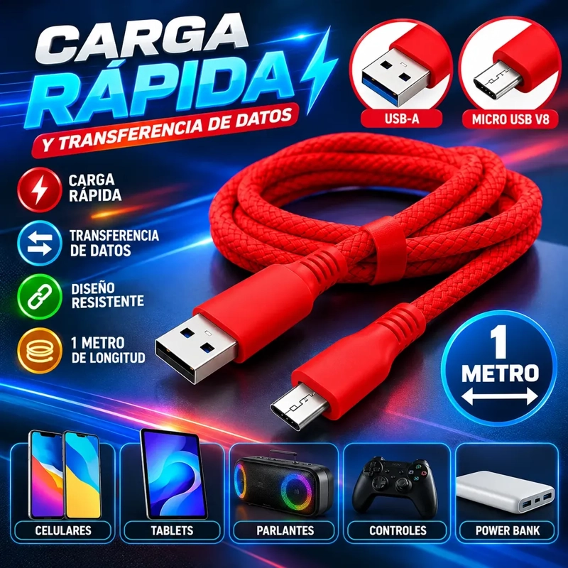 CABLE USB A MICRO V8 1 METRO CARGA RAPIDA PARA CELULAR - 2