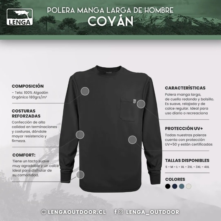 POLERA HOMBRE LARGO COYÁN ALGODÓN ORGÁNICO UV+ LENGA®. - 3