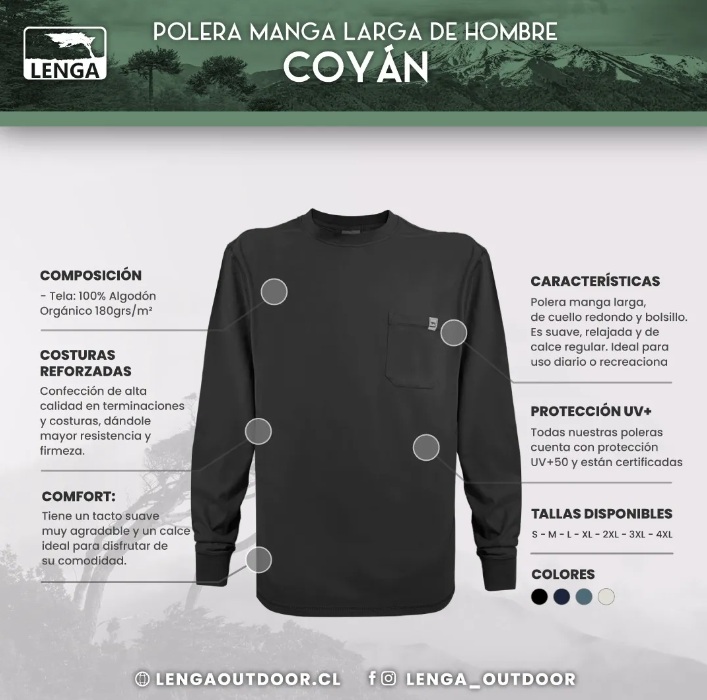 POLERA HOMBRE LARGO COYÁN ALGODÓN ORGÁNICO UV+ LENGA®. - 4