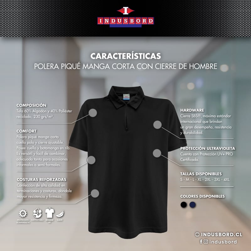 POLERA PIQUÉ HOMBRE PREMIUM MC CON CIERRE INDUSBORD® UV+PRO - 6