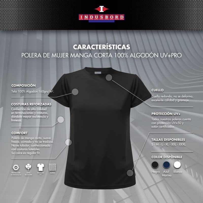 POLERA MUJER INDUSBORD PPM-210 ALGODÓN CUELLO REDONDO MANGA CORTA PREMIUM UVPRO - 5