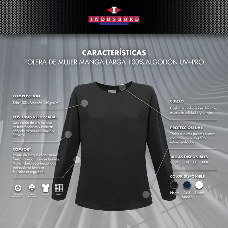 POLERA MUJER INDUSBORD PPM-220 ALGODÓN CUELLO REDONDO MANGA LARGA PREMIUM UVPRO - 5