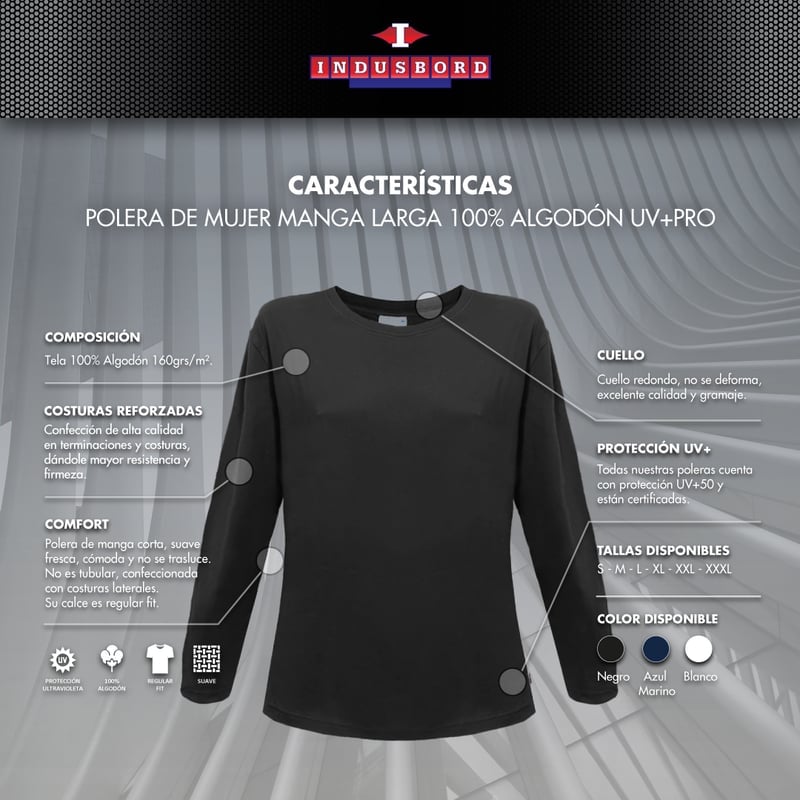 POLERA MUJER INDUSBORD PPM-220 ALGODÓN CUELLO REDONDO MANGA LARGA PREMIUM UVPRO - 5