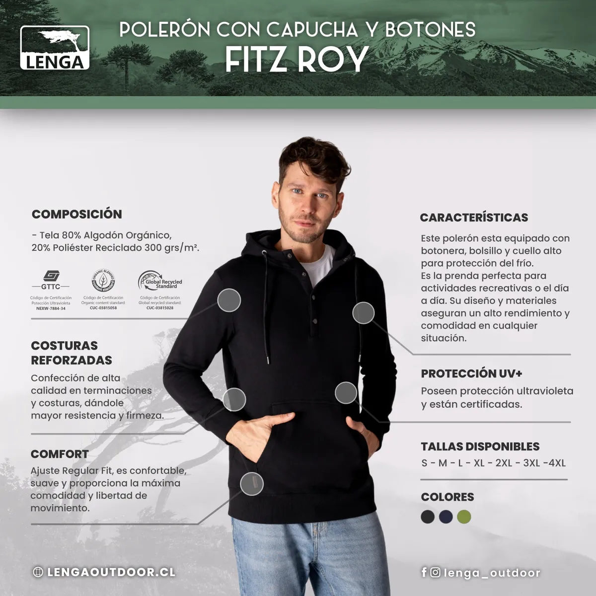 POLERÓN HOMBRE CON CAPUCHA Y BOTONES ALGODÓN ORGÁNICO FITZ ROY LENGA® - 5