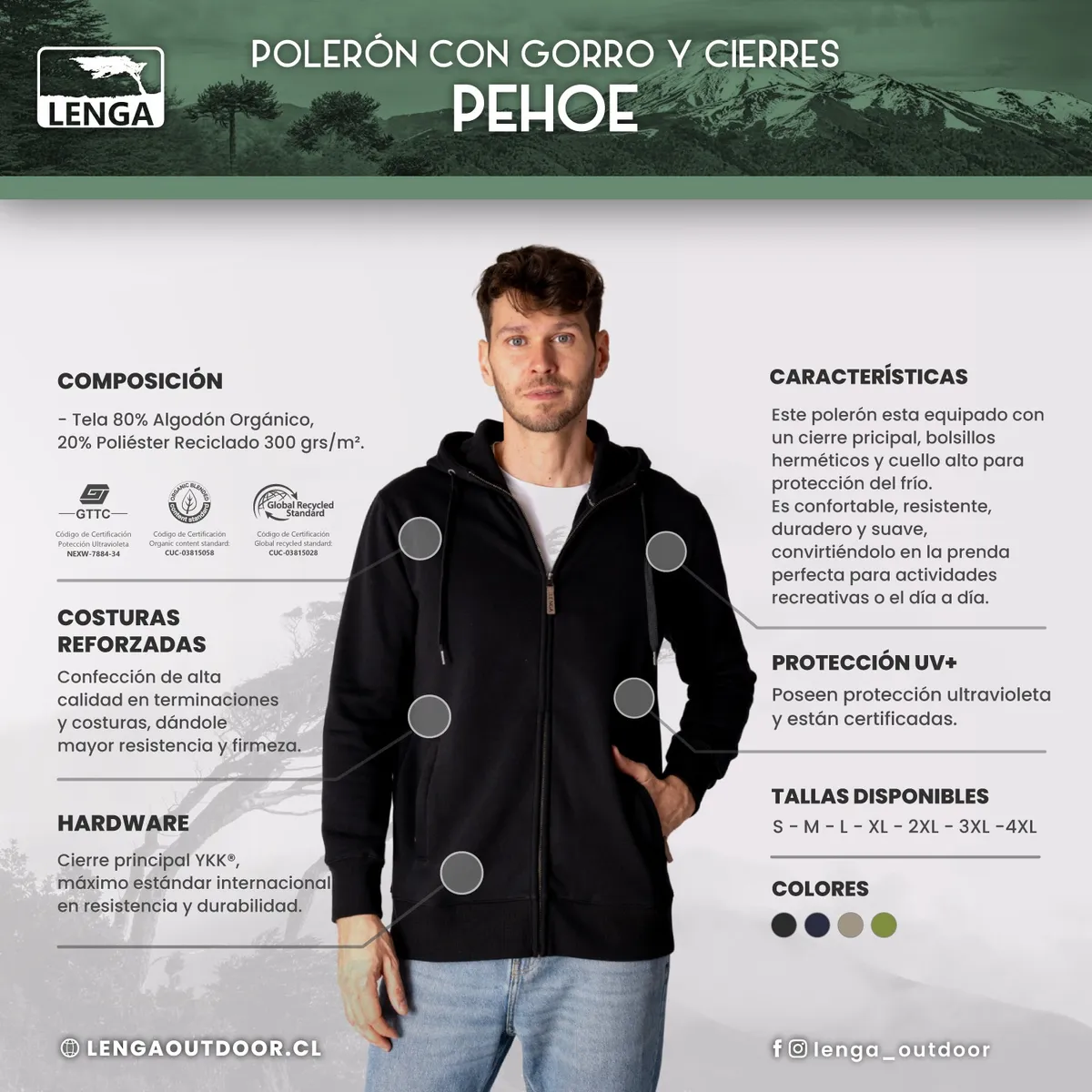 POLERÓN HOMBRE CON GORRO Y CIERRES YKK® ALGODÓN ORGÁNICO PEHOE LENGA® - 5