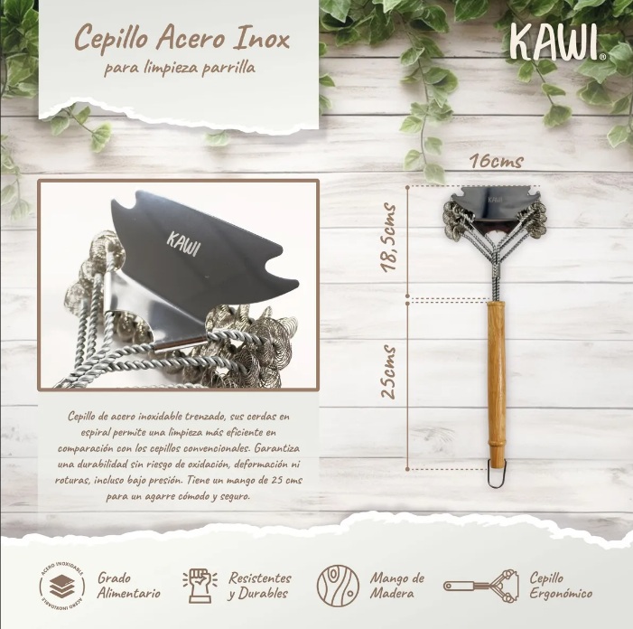 CEPILLO LIMPIEZA RASPADOR PARRILLA ACERO INOX MADERA KAWI® - 5