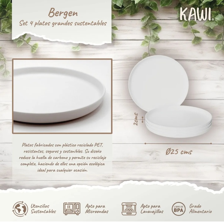 SET 4 PLATOS GRANDES SUSTENTABLES DE Ø25CMS BERGEN KAWI® - 4