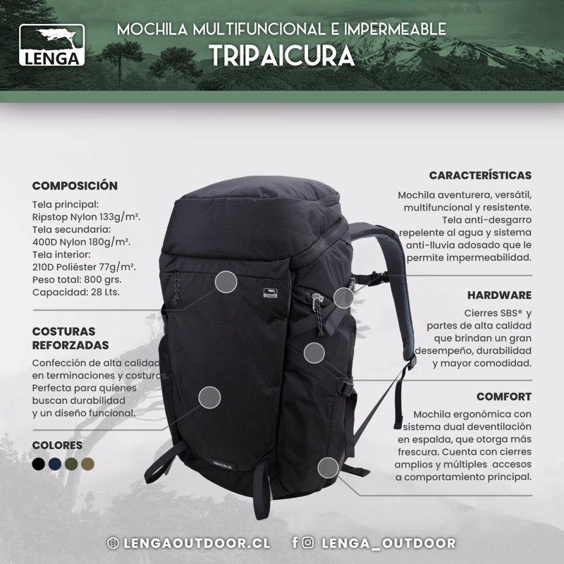 MOCHILA TE CNICA WATERPROOF RIPSTOP TRIPAICURA LENGA 28LTS - 6
