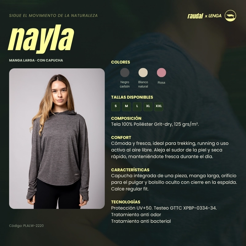 POLERA MUJER GRIT-DRY MANGA LARGA CON CAPUCHA NAYLA LENGA UPF+50 - 6