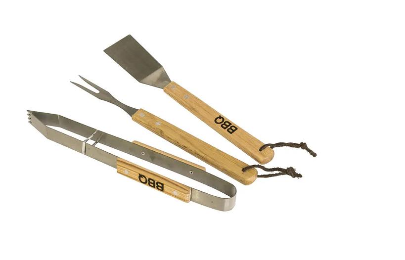 KITS 3 PARRILLERO ESPÁTULA TENEDOR, PINZA ASADO MANGO MADERA - 1