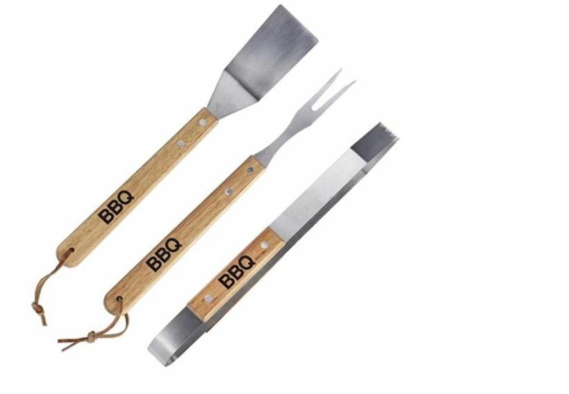 KITS 3 PARRILLERO ESPÁTULA TENEDOR, PINZA ASADO MANGO MADERA - 2
