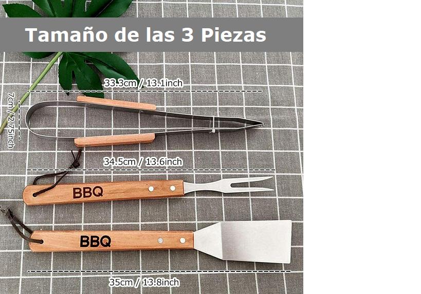KITS 3 PARRILLERO ESPÁTULA TENEDOR, PINZA ASADO MANGO MADERA - 4