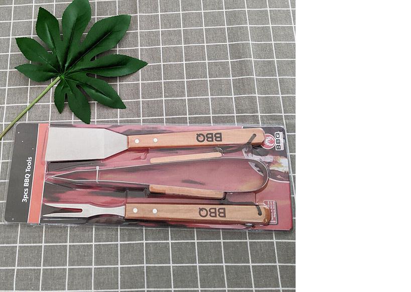 KITS 3 PARRILLERO ESPÁTULA TENEDOR, PINZA ASADO MANGO MADERA - 5