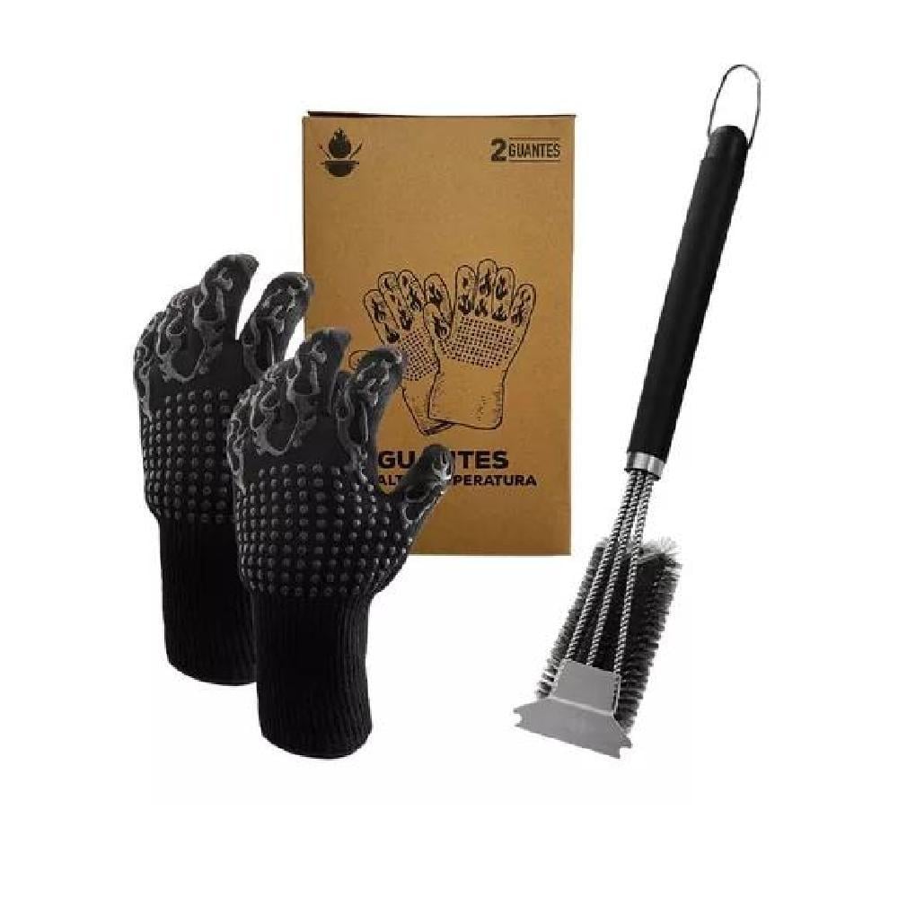 PACK SET CEPILLO INOX + 2 GUANTES ALTA TEMPERATURA ASADO BBQ - 5