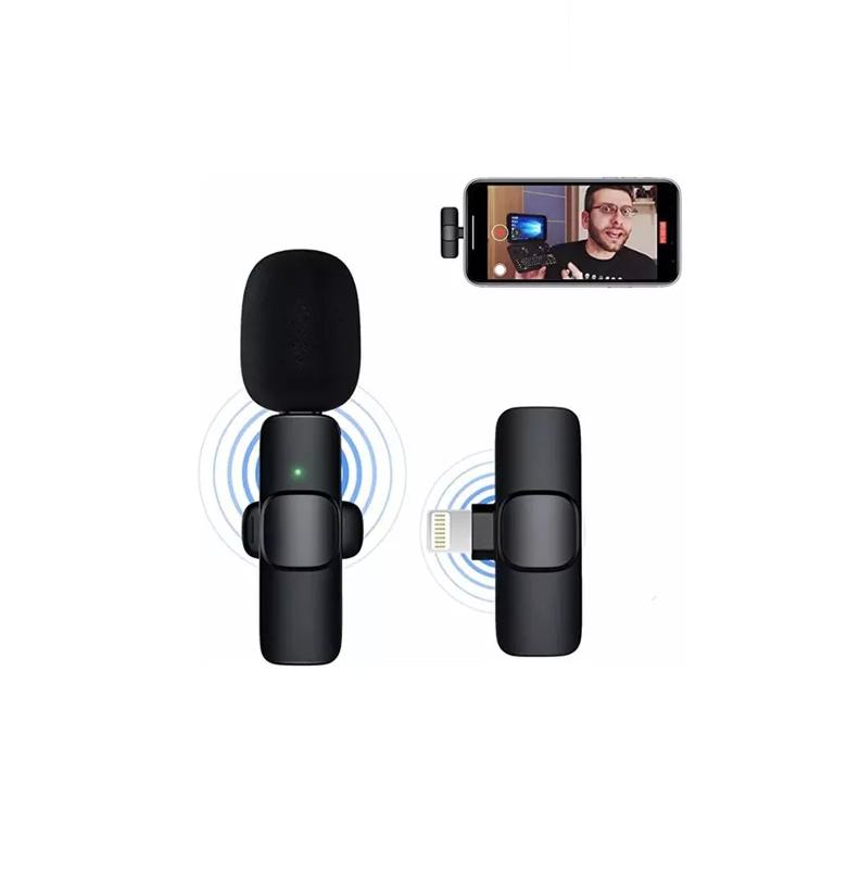 PACK X2 MICRÓFONO LAVALIER SOLAPA INALÁMBRICO COMPATIBLE IPHONE LIGHTNING CELULAR K9 NEGRO - 3