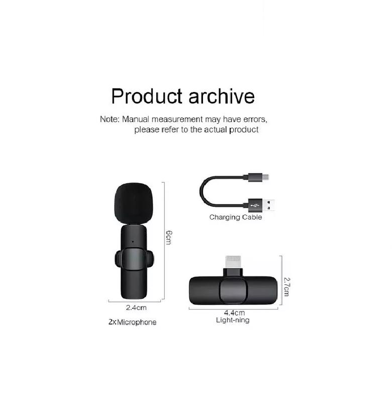PACK X2 MICRÓFONO LAVALIER SOLAPA INALÁMBRICO COMPATIBLE IPHONE LIGHTNING CELULAR K9 NEGRO - 4