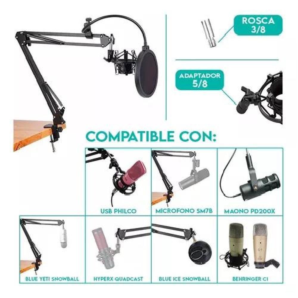 KIT PROFESIONAL BRAZO MICRÓFONO ANTIPOP SOPORTE ARAÑA STUDIO NEGRO - 3