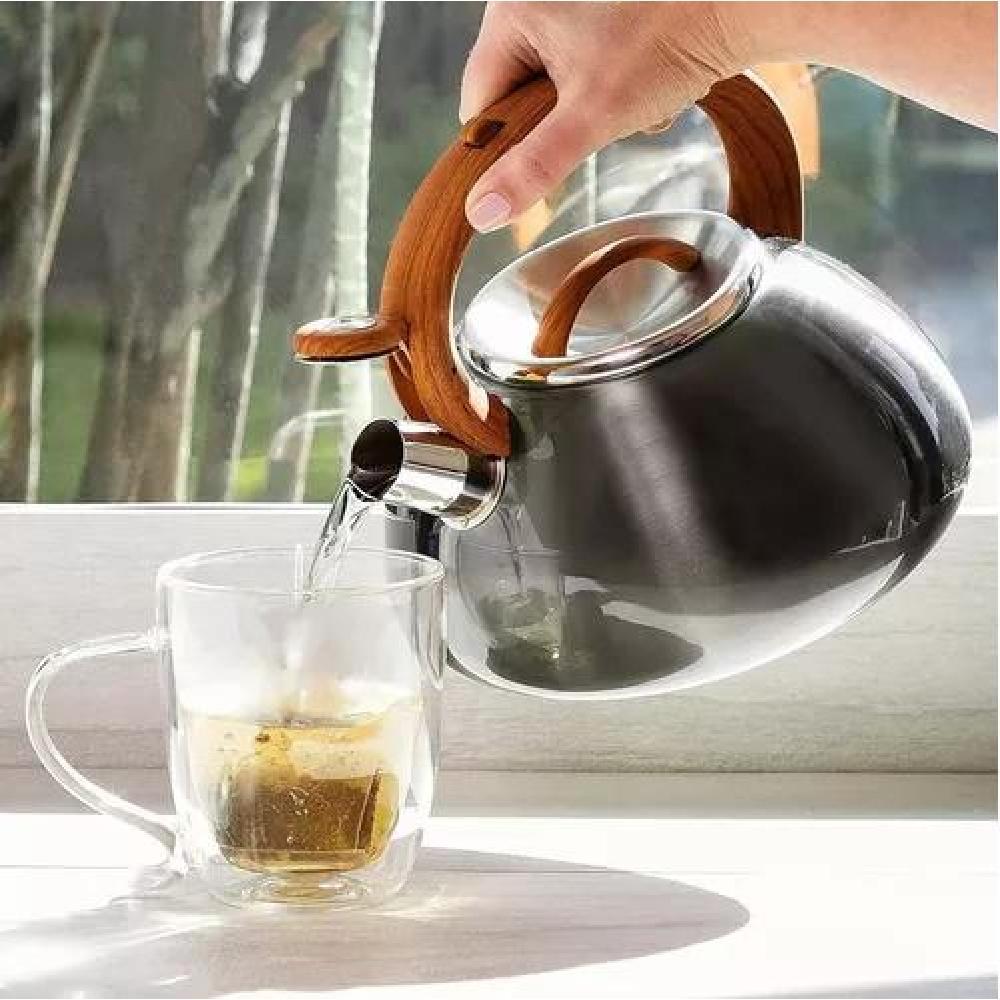 TETERA CON SILBATO 2,5LTS ACERO INOXIDABLE MANILLA DE MADERA COLOR PLATEADO - 5