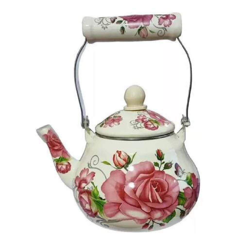 TETERA 1,5 LITROS ENLOZADA ESMALTADA DISEÑOS ROSAS - 1