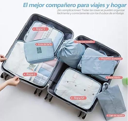 BOLSAS DE VIAJE 8 EN 1 BOLSAS ORGANIZADORAS DE VIAJE MALETA CELESTE - 6