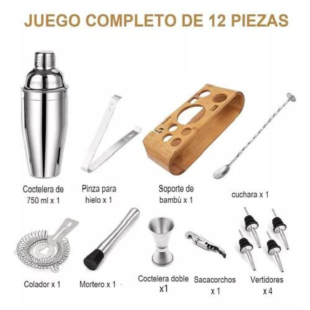 KIT DE UTENSILIOS DE COCTELERÍA CON COCTELERA 750 ML 12 PZS - 2