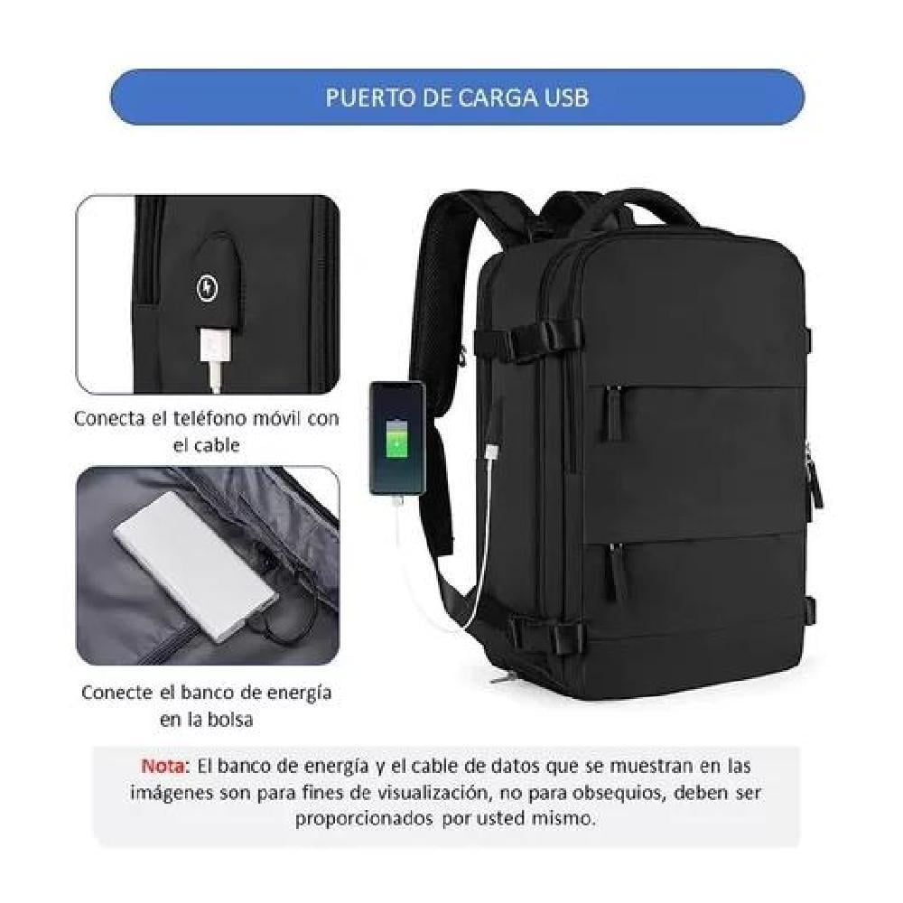 MOCHILA VIAJE CABINA AVIÓN IMPERMEABLE USB COLOR NEGRO ACERO - 7