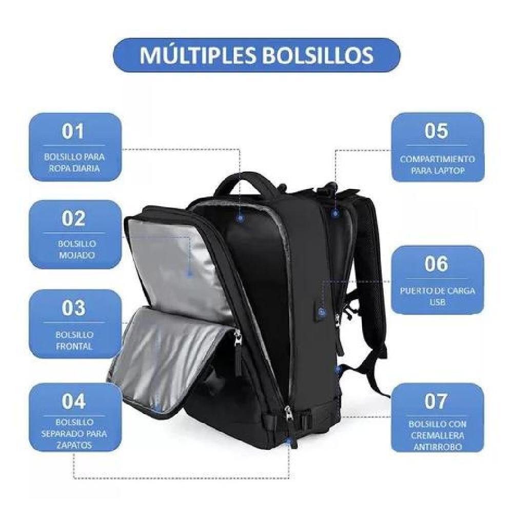 MOCHILA VIAJE CABINA AVIÓN IMPERMEABLE USB COLOR CELESTE ACERO - 4