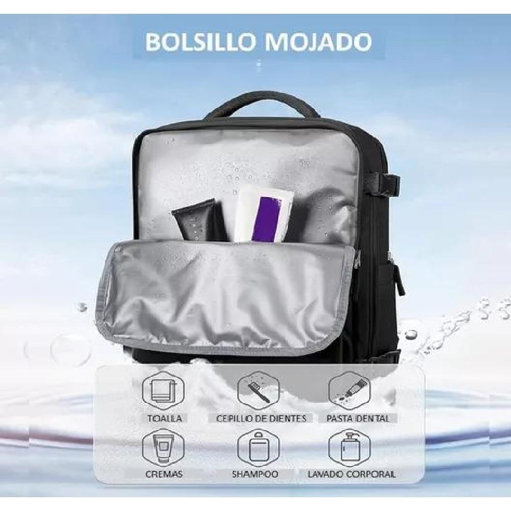 MOCHILA VIAJE CABINA AVIÓN IMPERMEABLE USB COLOR CELESTE ACERO - 8