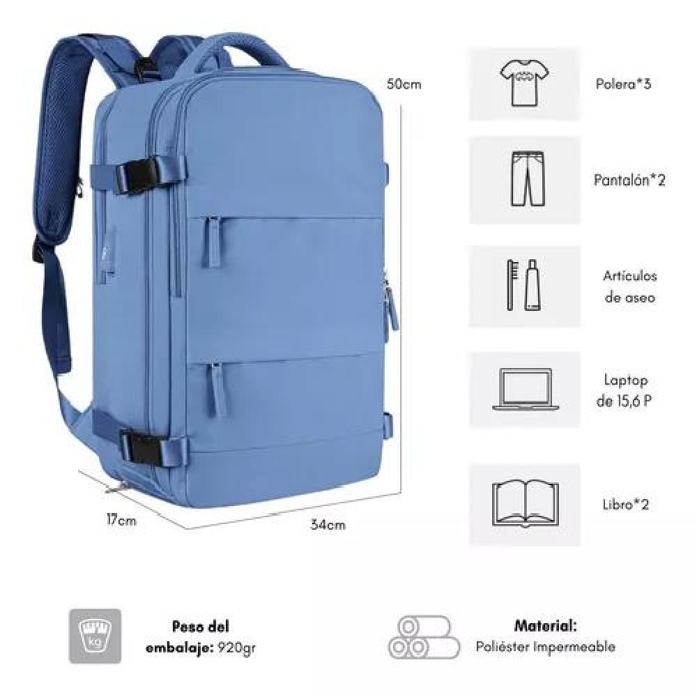 MOCHILA VIAJE AVIÓN MULTIFUNCIONAL GRAN CAPACIDAD 30 LTS COLOR CELESTE POLIÉSTER - 3