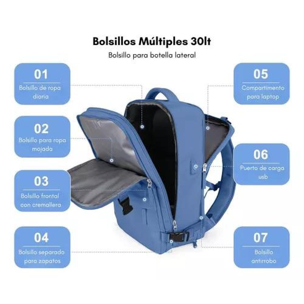 MOCHILA VIAJE AVIÓN MULTIFUNCIONAL GRAN CAPACIDAD 30 LTS COLOR CELESTE POLIÉSTER - 5