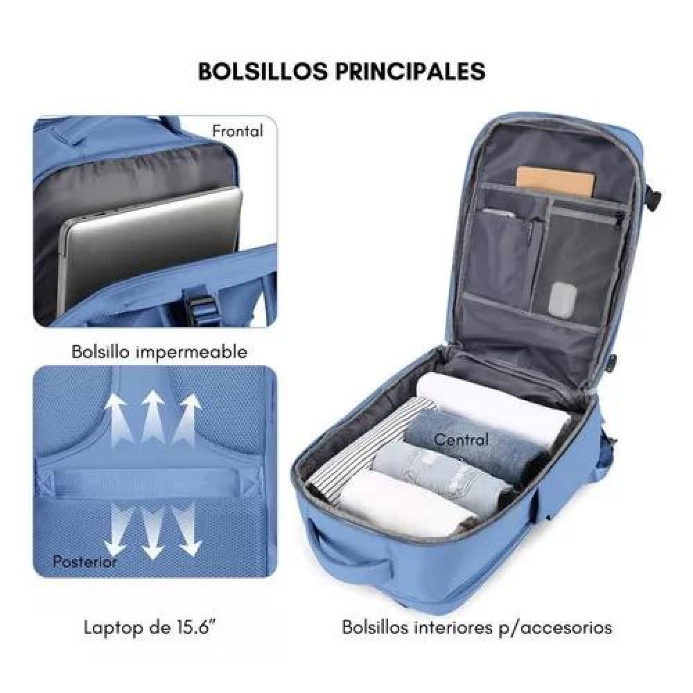 MOCHILA VIAJE AVIÓN MULTIFUNCIONAL GRAN CAPACIDAD 30 LTS COLOR CELESTE POLIÉSTER - 6