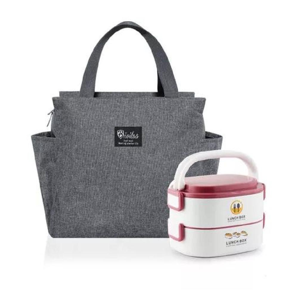 LONCHERA BOLSO TÉRMICO PORTÁTIL PARA ALMUERZO LUNCH 25X25CM COLOR GRIS - 2