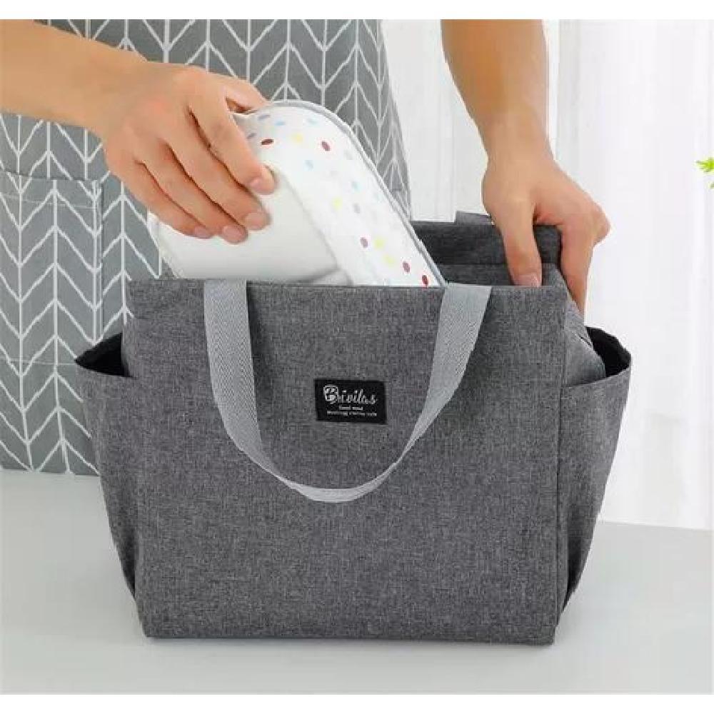 LONCHERA BOLSO TÉRMICO PORTÁTIL PARA ALMUERZO LUNCH 25X25CM COLOR GRIS - 7