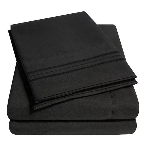 SÁBANAS 2 PLAZAS MICROFIBRA NEGRO BORDADA 1800 ULTRA SUAVE + FUNDA - 4