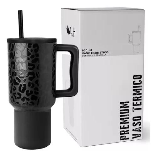 VASO TÉRMICO MUG, 900 LT, ACERO INOXIDABLE, NEGRO LEOPARDO - 1