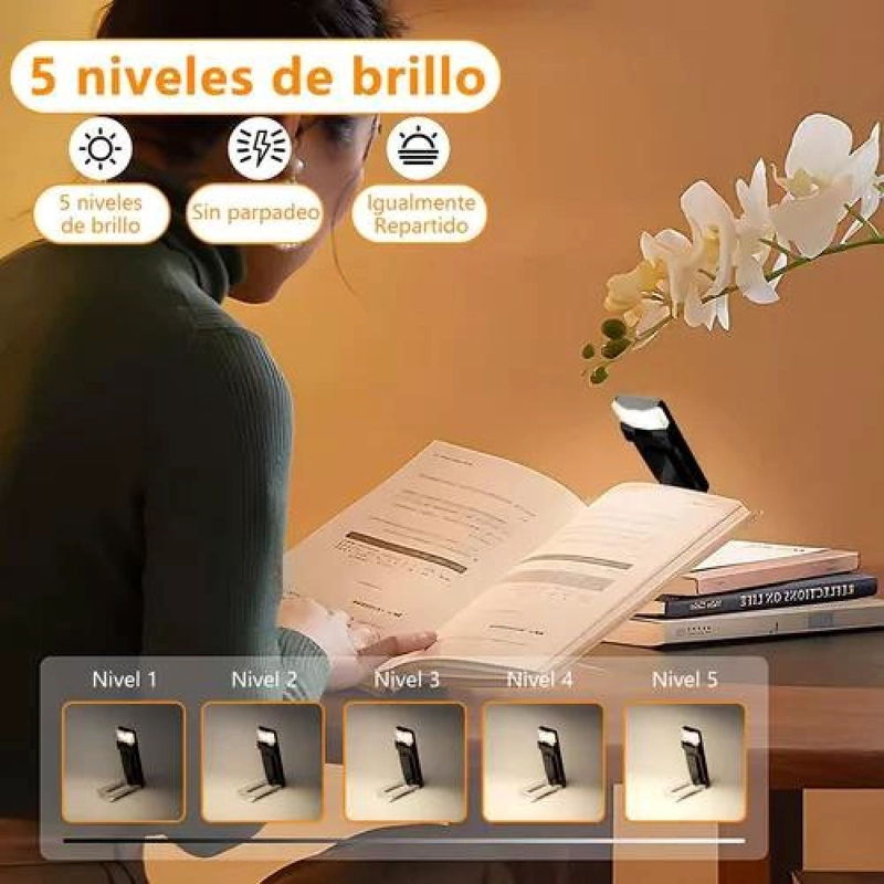 LUZ DE LECTURA RECARGABLE USB PARA LIBROS, COLOR NEGRO - 5