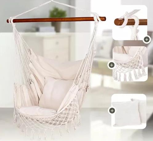 SILLA HAMACA COLGANTE CON SOPORTE DE MADERA Y COJINES BLANCOS - 5