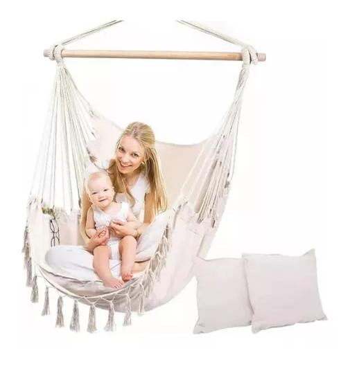 SILLA HAMACA COLGANTE CON SOPORTE DE MADERA Y COJINES BLANCOS - 6