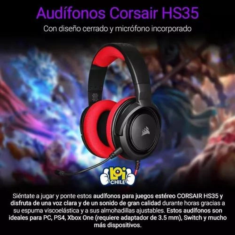 AURICULARES GAMER CORSAIR HS35 STEREO CARBON ROJO - 5