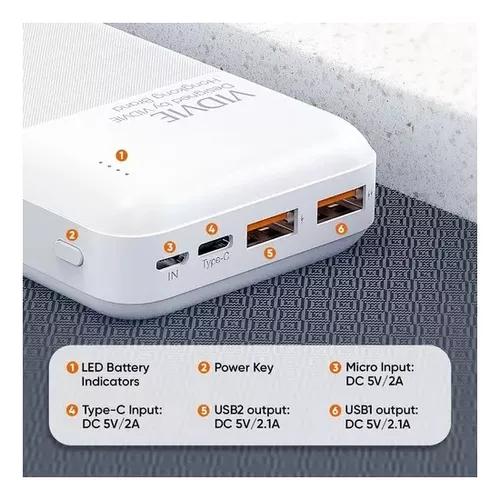 CARGADOR PORTÁTIL POWER BANK 20,000 MAH VIDVIE, COLOR BLANCO - 6