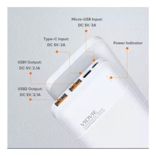 CARGADOR PORTÁTIL POWER BANK 20,000 MAH VIDVIE, COLOR BLANCO - 7