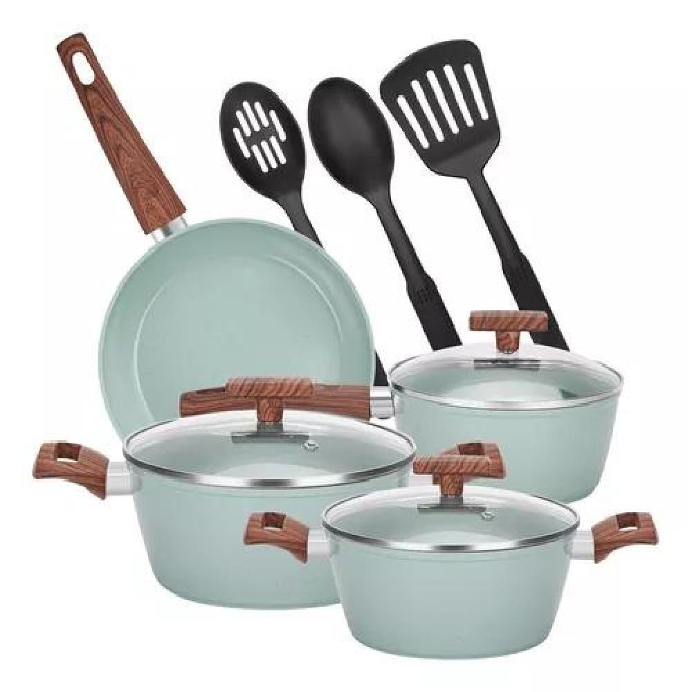 BATERIA DE COCINA 10 PIEZAS ANTIADHERENTE GRANITO MENAJE COLOR VERDE CLARO - 1