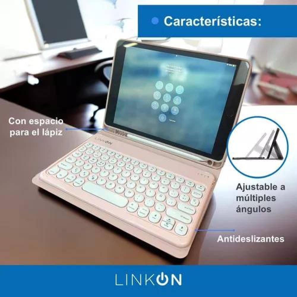 CARCASA FUNDA CON TECLADO PARA IPAD LINKON 10.2 Y 10.9, COLOR ROSADO - 4