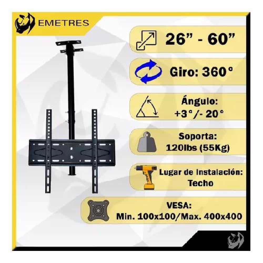 SOPORTE TV DE TECHO Y PARED AJUSTABLE 26 A 60 NEGRO - 2