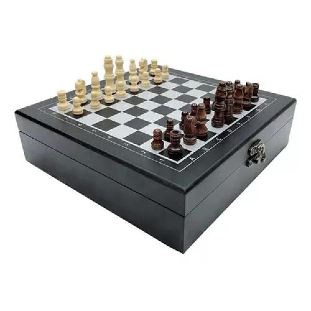 SET LUJO TABLERO AJEDREZ MADERA + DOMINÓ + CARTAS PÓKER NEGRO - 1