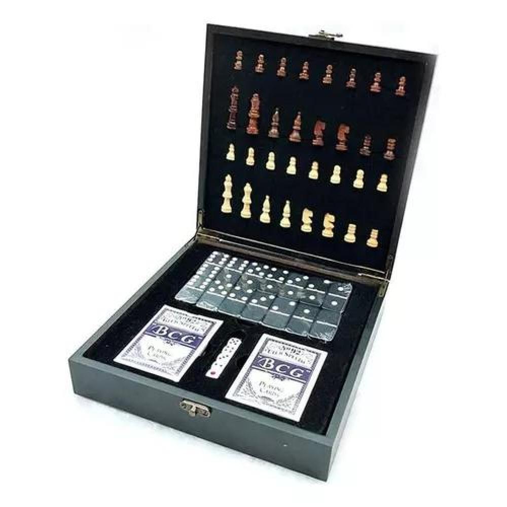 SET LUJO TABLERO AJEDREZ MADERA + DOMINÓ + CARTAS PÓKER NEGRO - 4