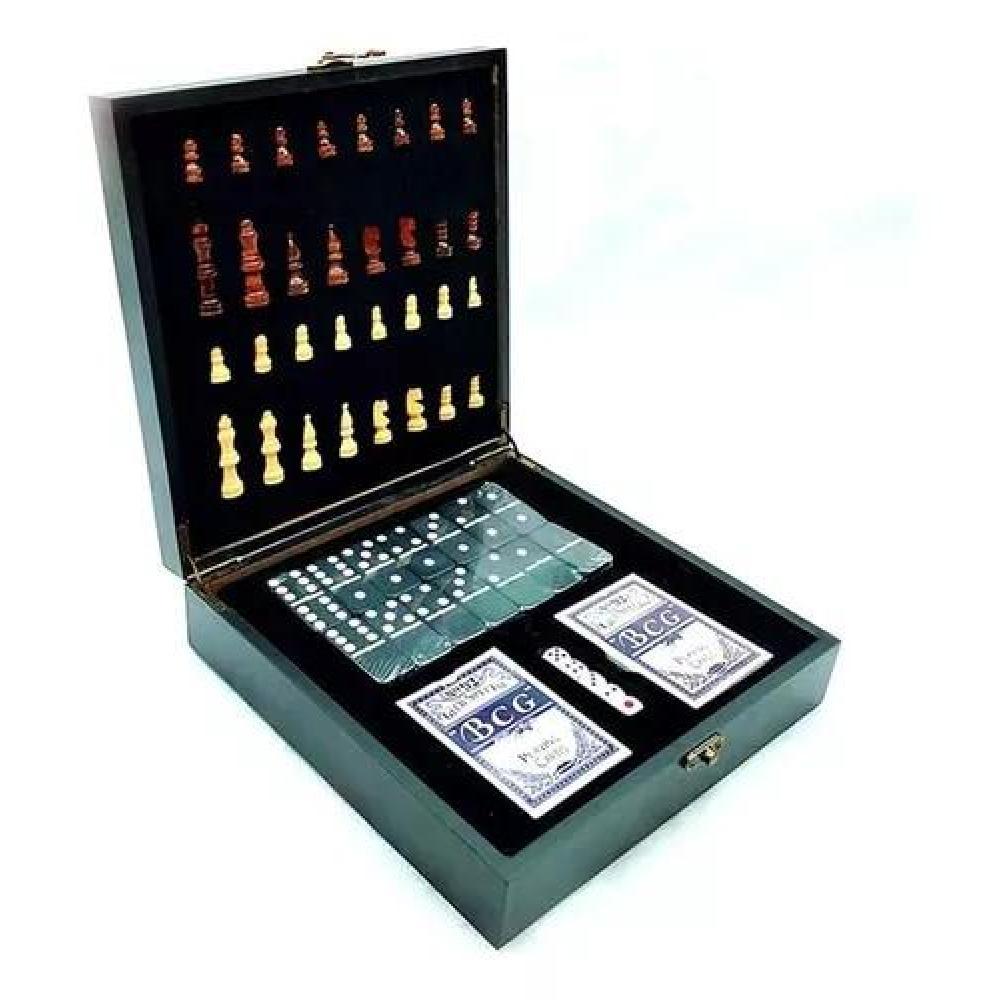 SET LUJO TABLERO AJEDREZ MADERA + DOMINÓ + CARTAS PÓKER NEGRO - 5