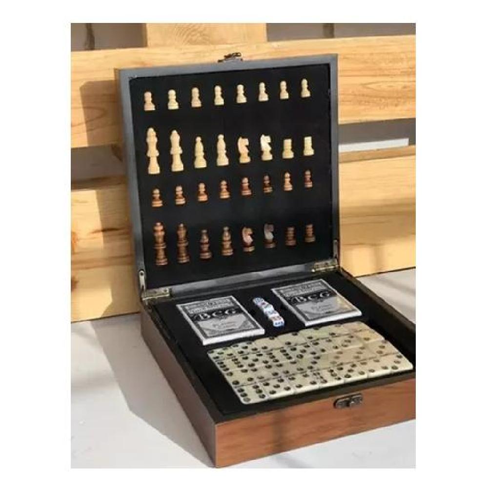 SET LUJO TABLERO AJEDREZ MADERA + DOMINÓ + CARTAS PÓKER NEGRO - 8