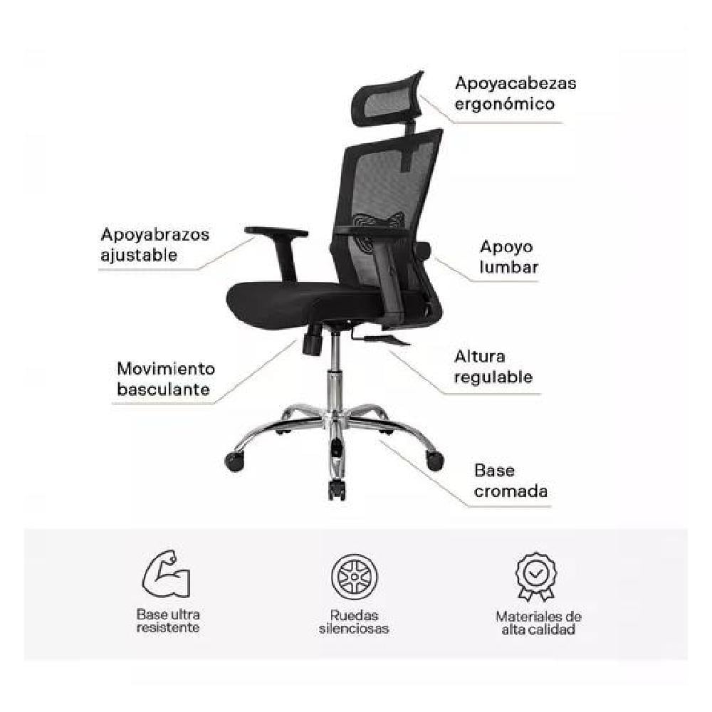SILLA OFICINA PRESIDENTE ERGONOMUS DELPHI BASE CROMADA NEGRO - 3